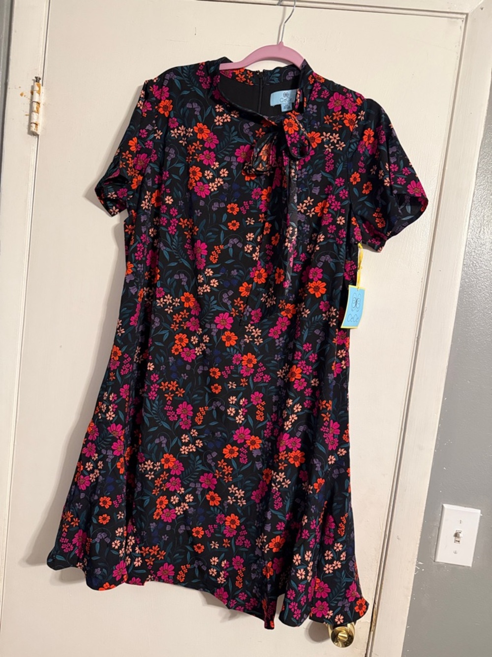 CeCe Black Dress with Red and Purple Floral Print